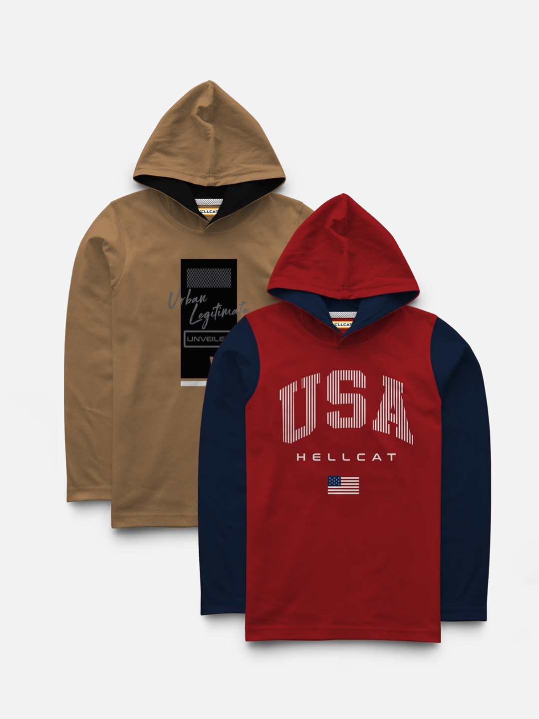 

HELLCAT Boys Pack Of 2 Red & Beige Printed Hooded T-shirts
