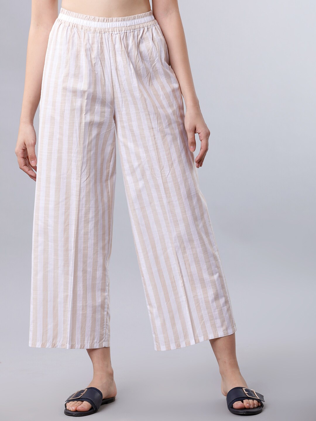

Vishudh Women Beige & White Checked Wide Leg Palazzos