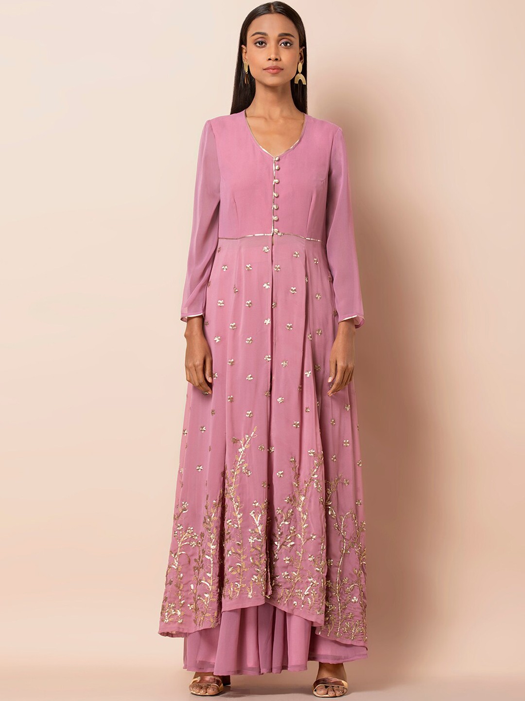 

INDYA Pink Embroidered Flared Maxi Tunic