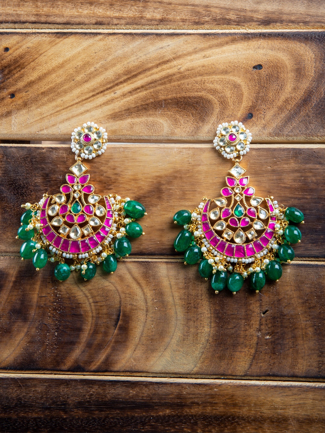 

MORKANTH JEWELLERY Gold-Plated & Pink Kundan Studded Classic Chandbalis