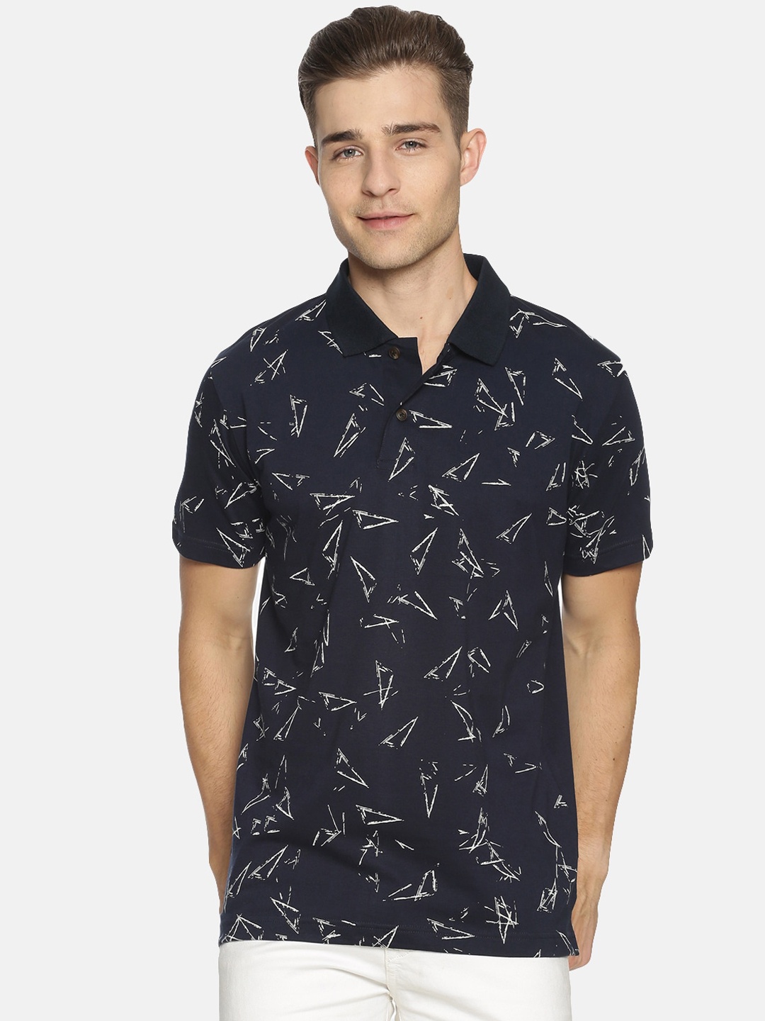 

Kryptic Men Navy Blue Printed Polo Collar T-shirt