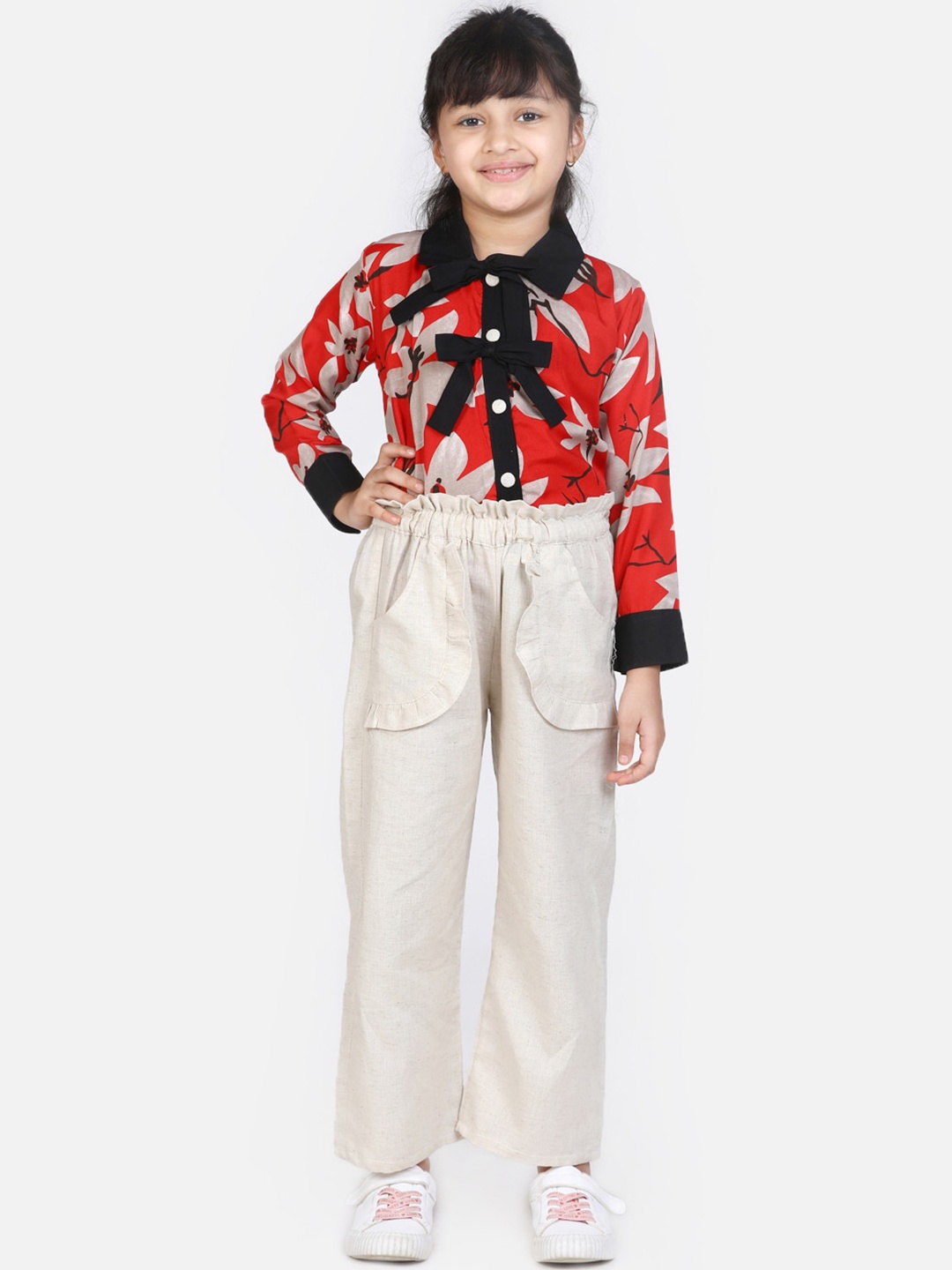 

Cutiekins Girls Red & Off-White Floral Printed Top with Palazzos