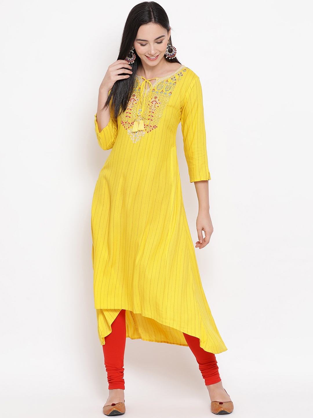 Span Women Yellow Embroidered A-Line Kurta