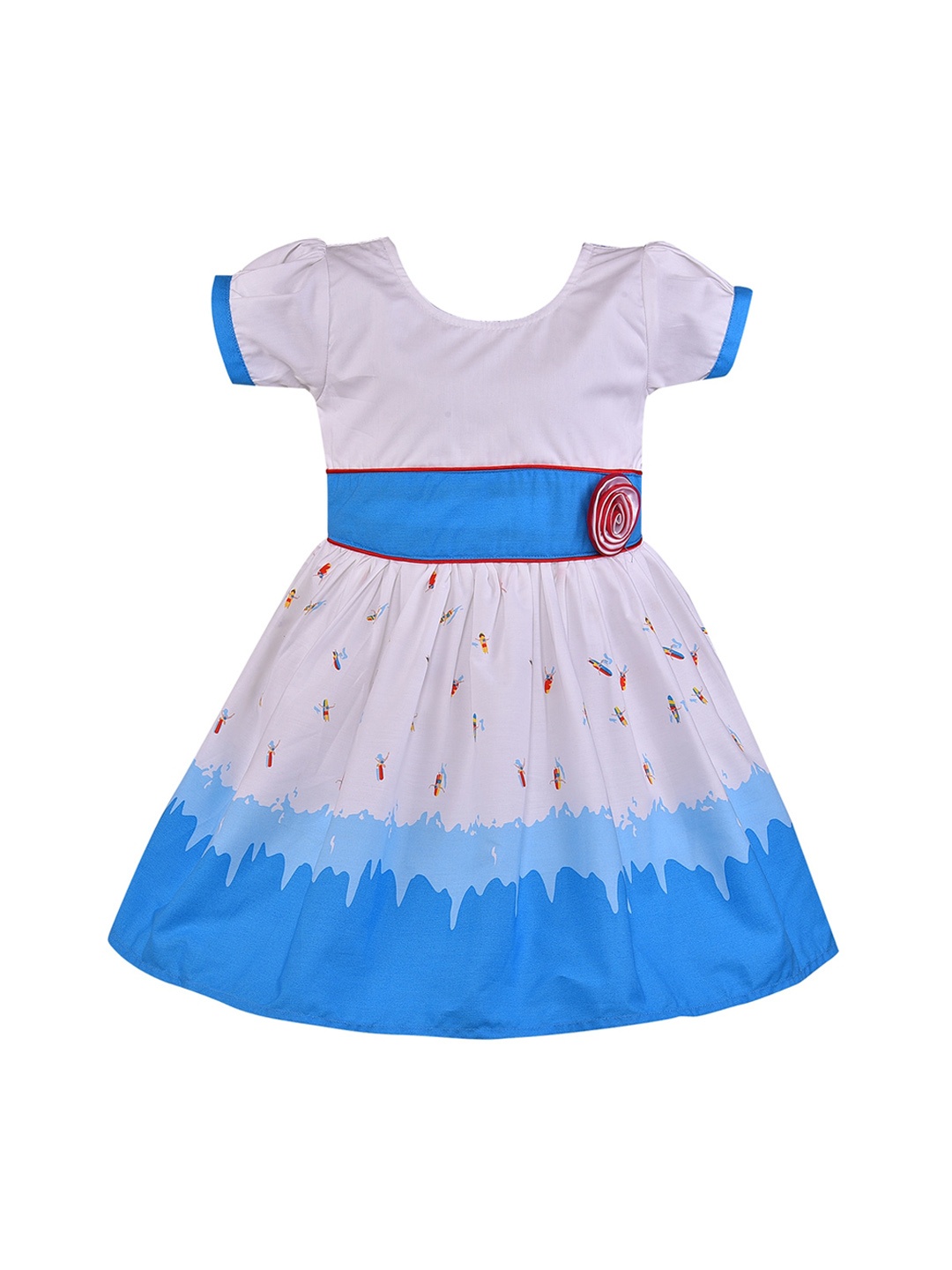 Wish Karo Girls White & Blue Printed Fit and Flare Dress