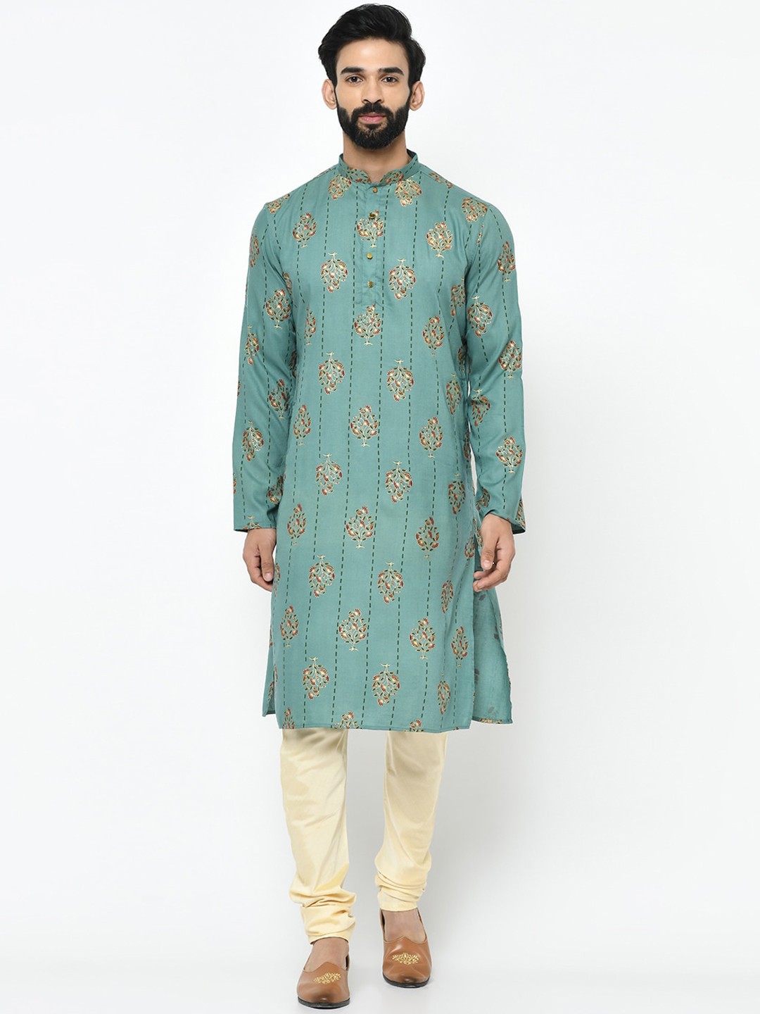 

KISAH Men Green & Gold-Toned Woven Design Straight Kurta