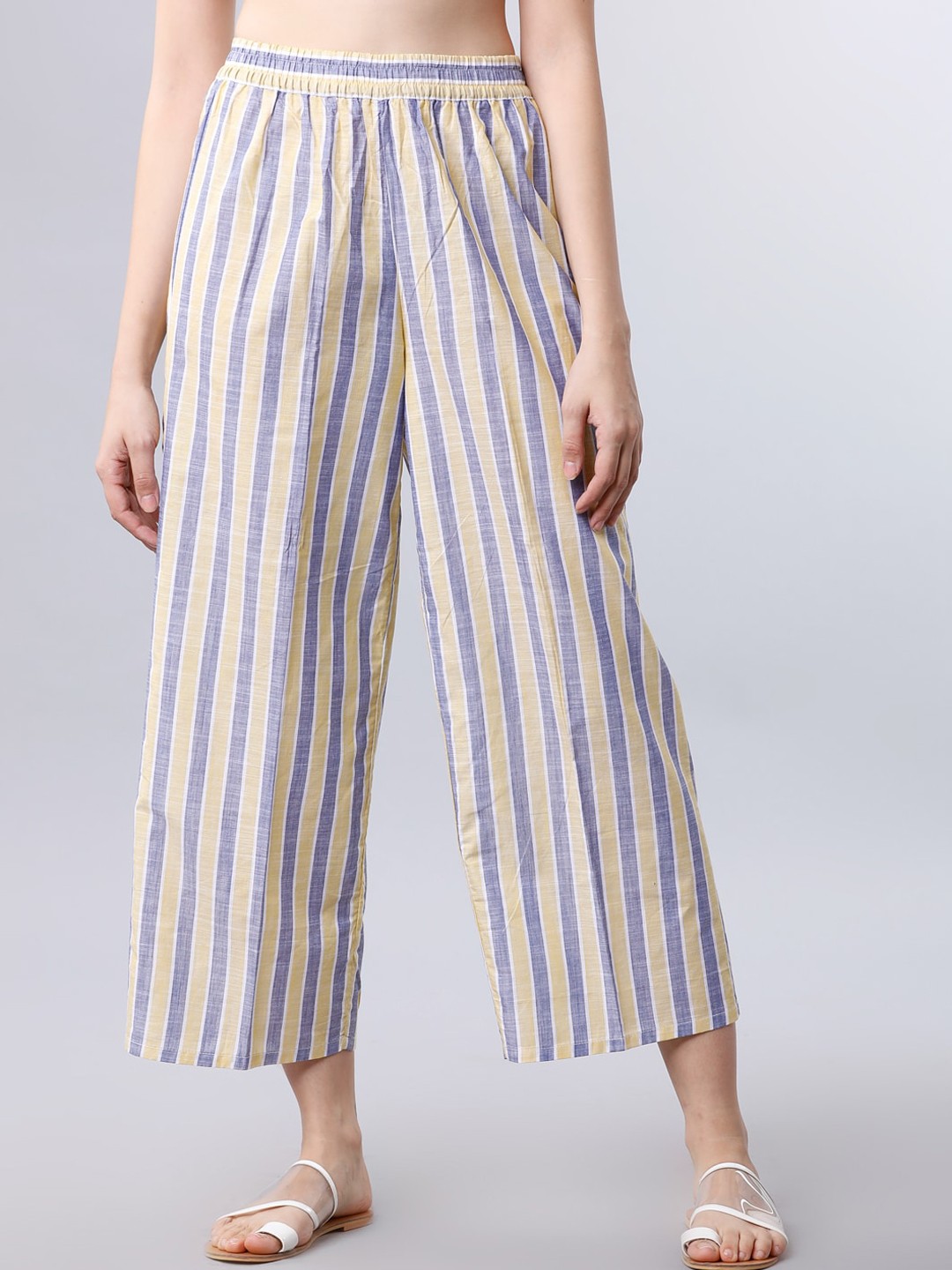

Vishudh Women Navy Blue & Off-White Striped Straight Palazzos