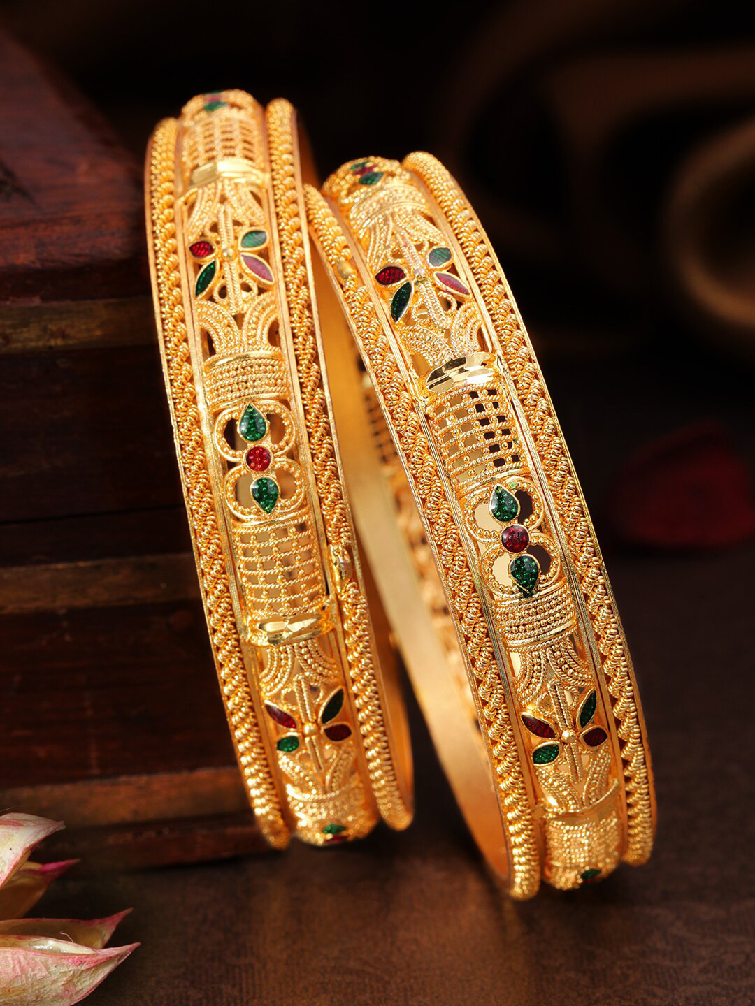 

Rubans Set Of 2 22K Gold-Plated & Red Enamelled Handcrafted Bangles