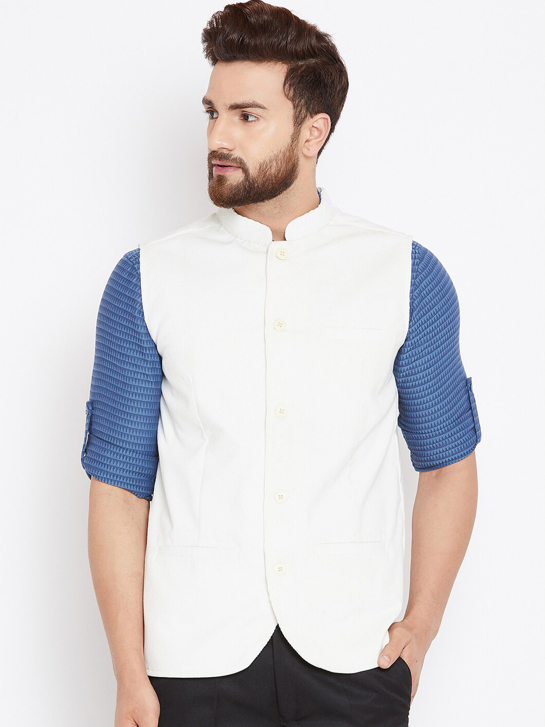 

even Men White Solid Woven Nehru Jacket
