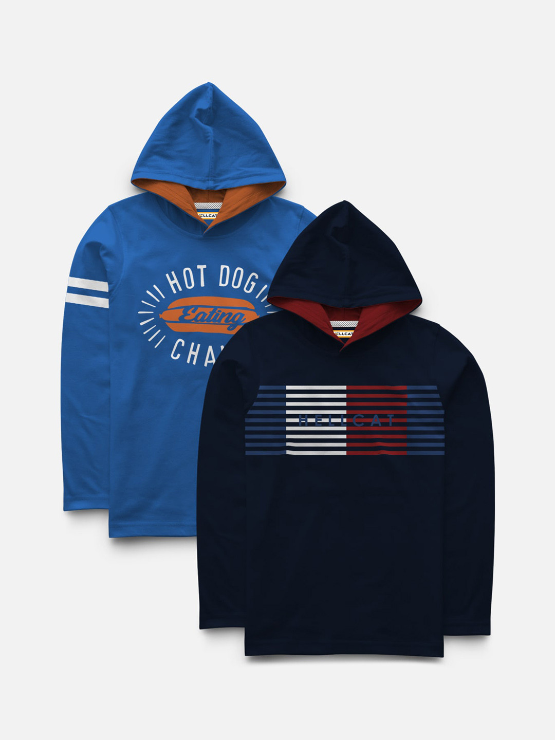 

HELLCAT Boys Pack Of 2 Blue Printed Hooded T-shirts