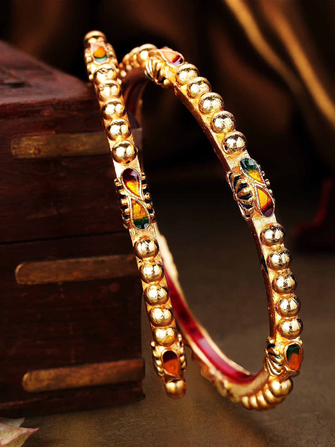 

Rubans Set Of Two 22K Gold-Plated Red & Yellow Enamelled Handcrafted Bangles