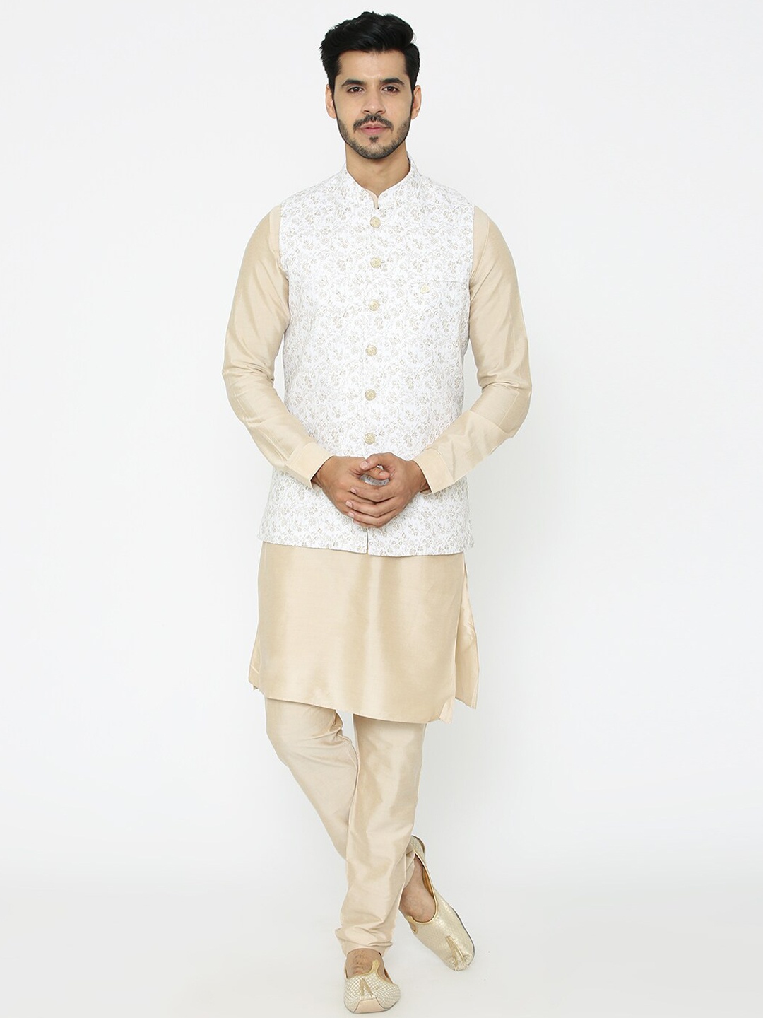 Manyavar Men Cream-Coloured & Brown Printed Nehru Jacket