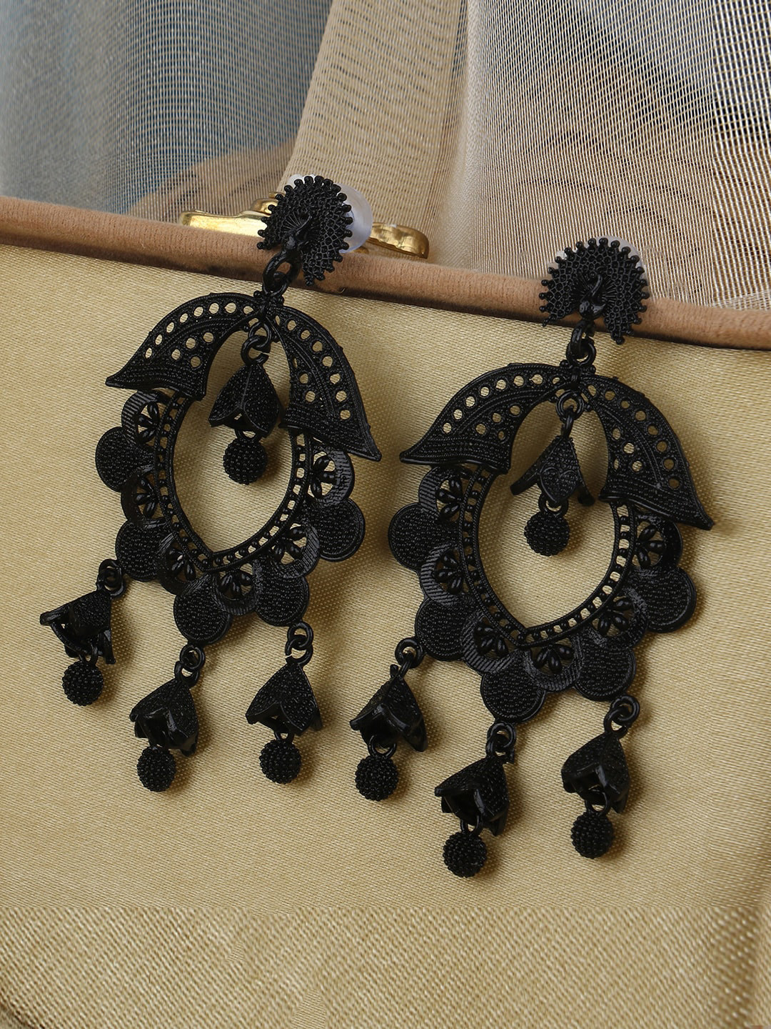 

ANIKAS CREATION Black Handcrafted Crescent Shaped Drop Earrings