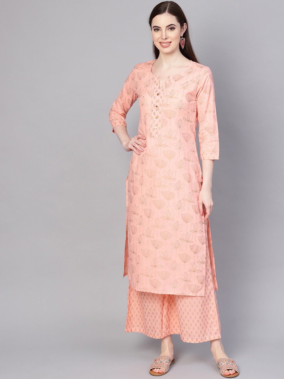 

KSUT Women Peach-Coloured Printed Kurta with Palazzos