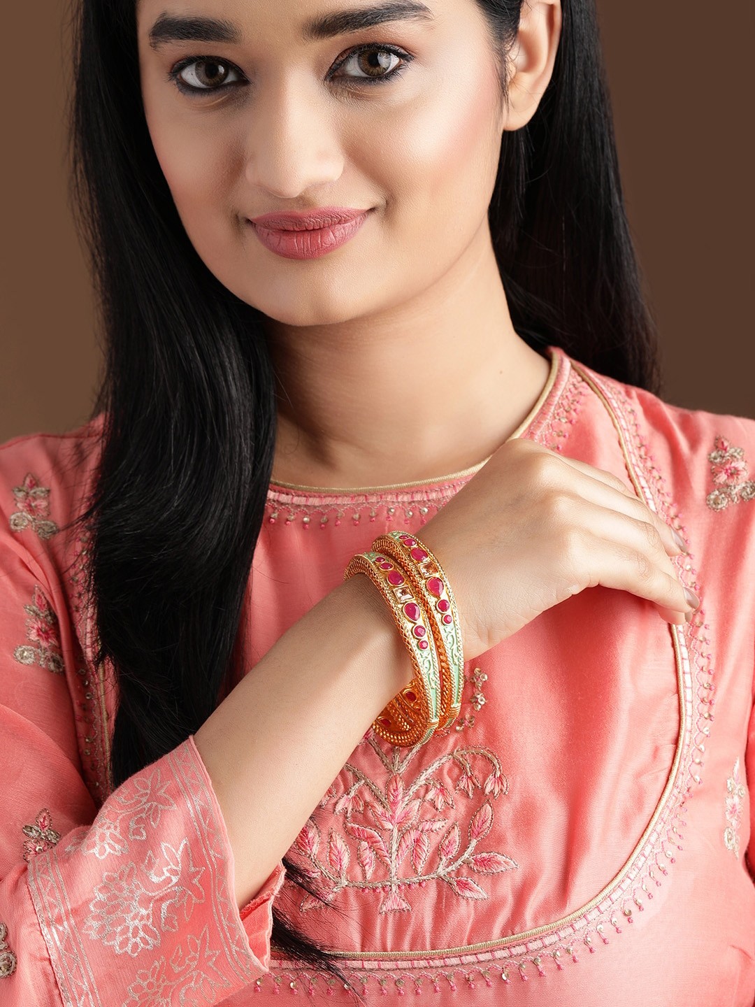 

Rubans Set Of Two 22K Gold-Plated Pink & Sea-Green Stone-Studded Enamelled Handcrafted Bangles