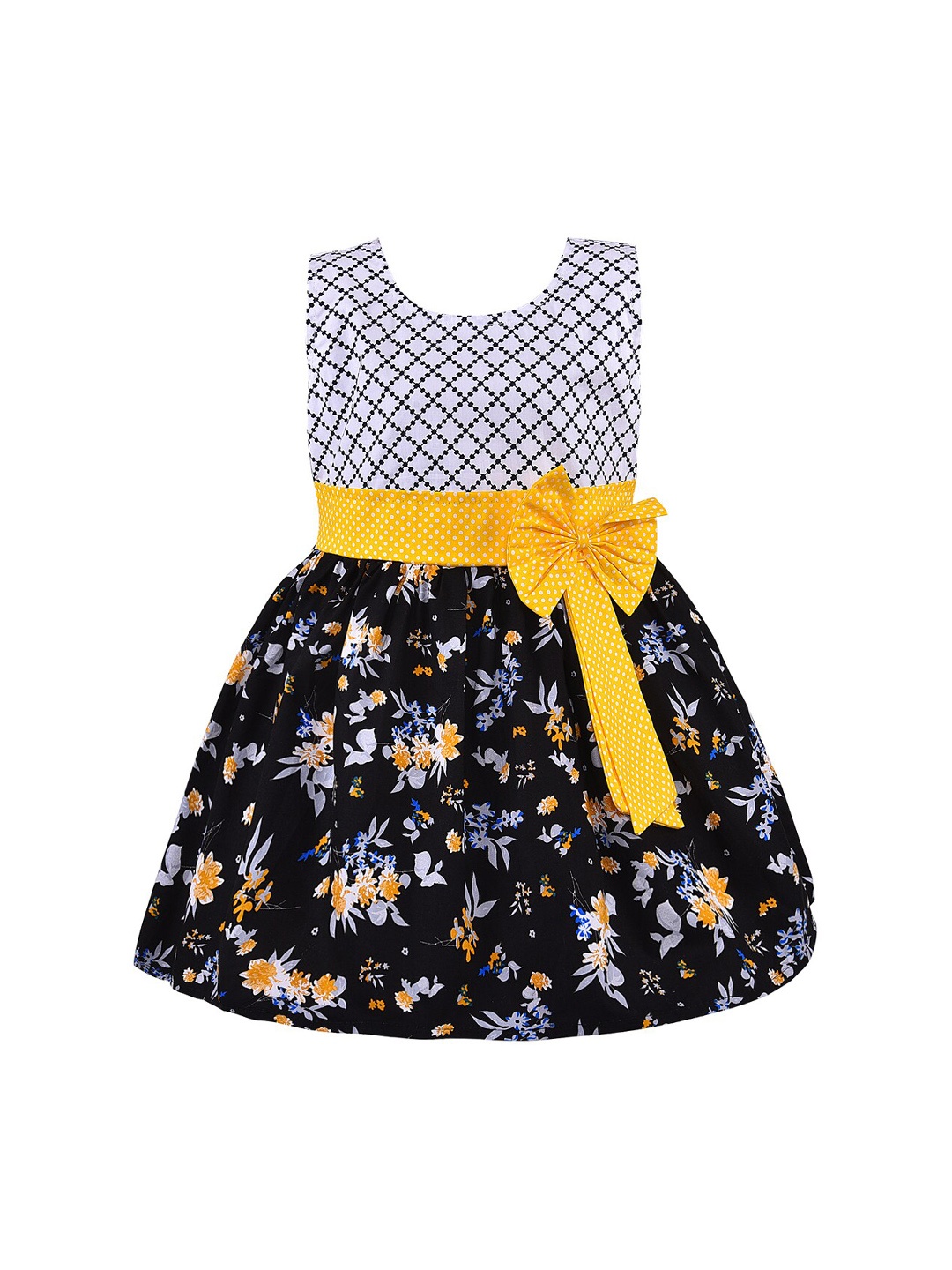 

Wish Karo Girls Yellow & Black Printed Fit and Flare Dress