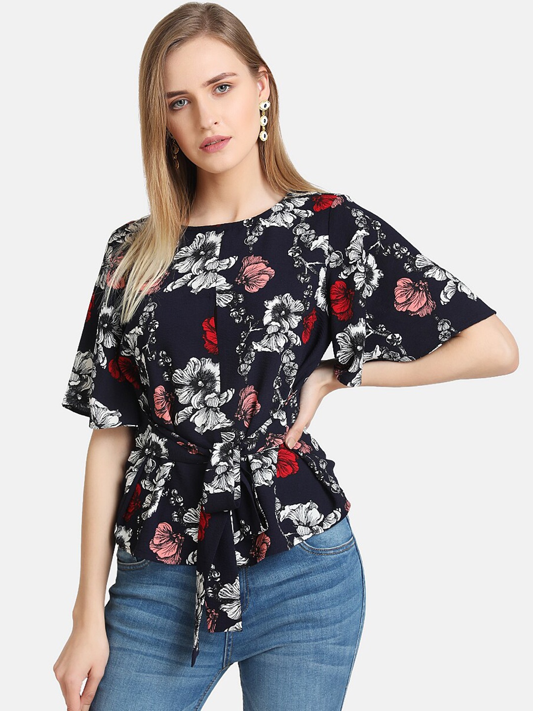 

Kazo Women Navy Blue Printed Cinched Waist Top