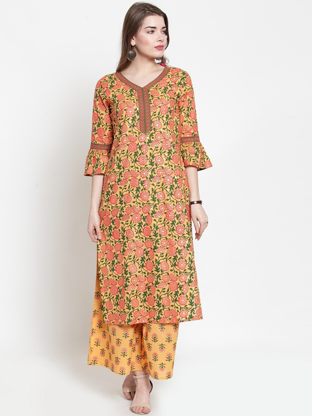 

KSUT Women Peach-Coloured & Mustard Yellow Printed Kurta with Palazzos