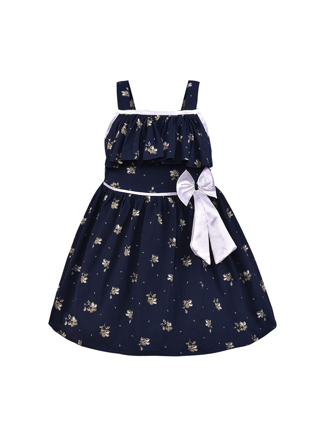 Wish Karo Girls Navy Blue Floral Printed Fit and Flare Dress