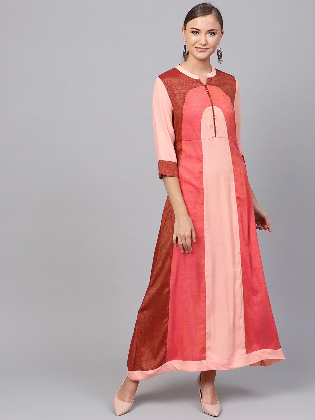 

Indo Era Women Peach-Coloured & Maroon Colourblocked A-Line Kurta