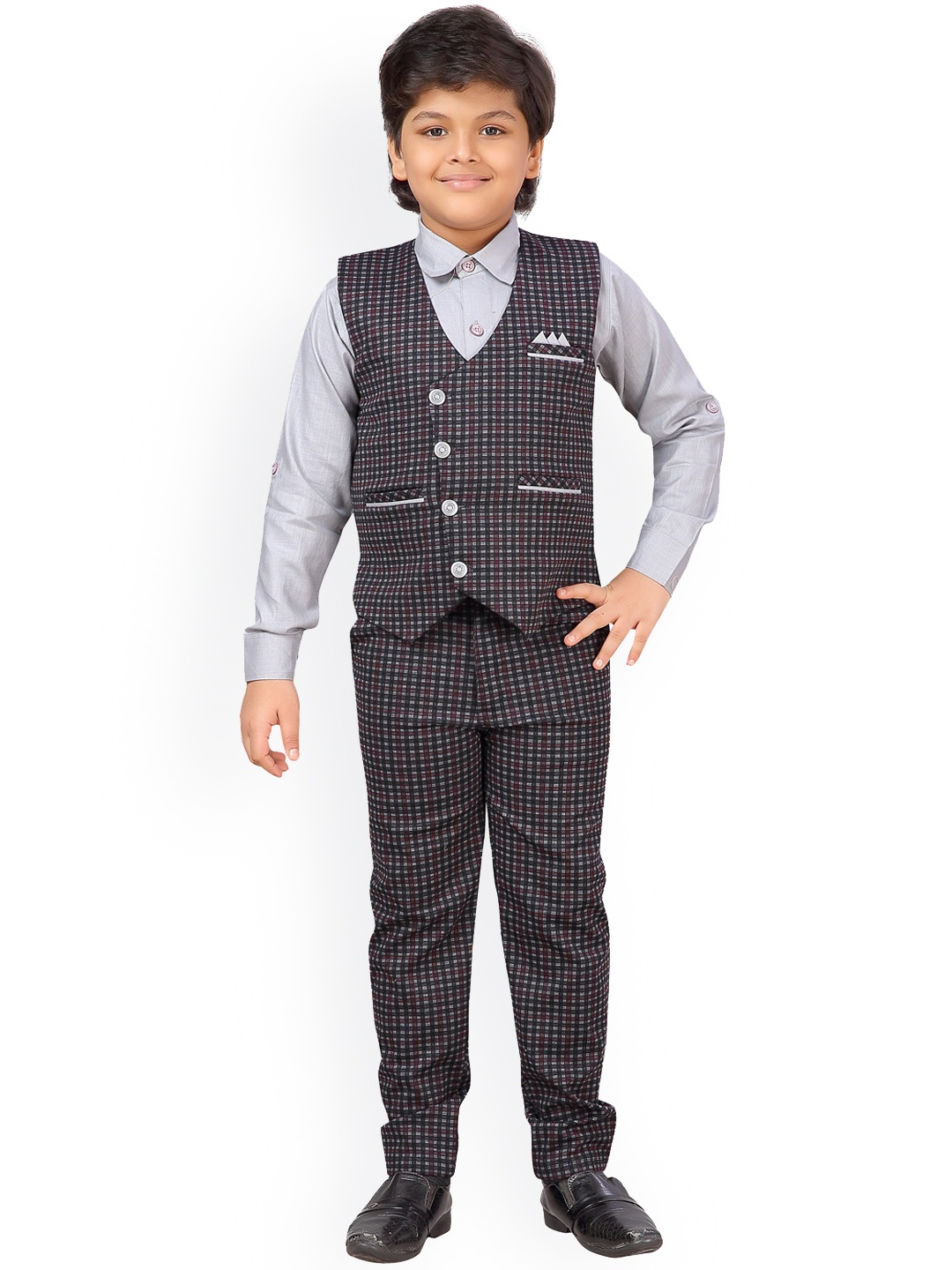 

Aj DEZInES Boys Red & Grey Solid Shirt with Trousers
