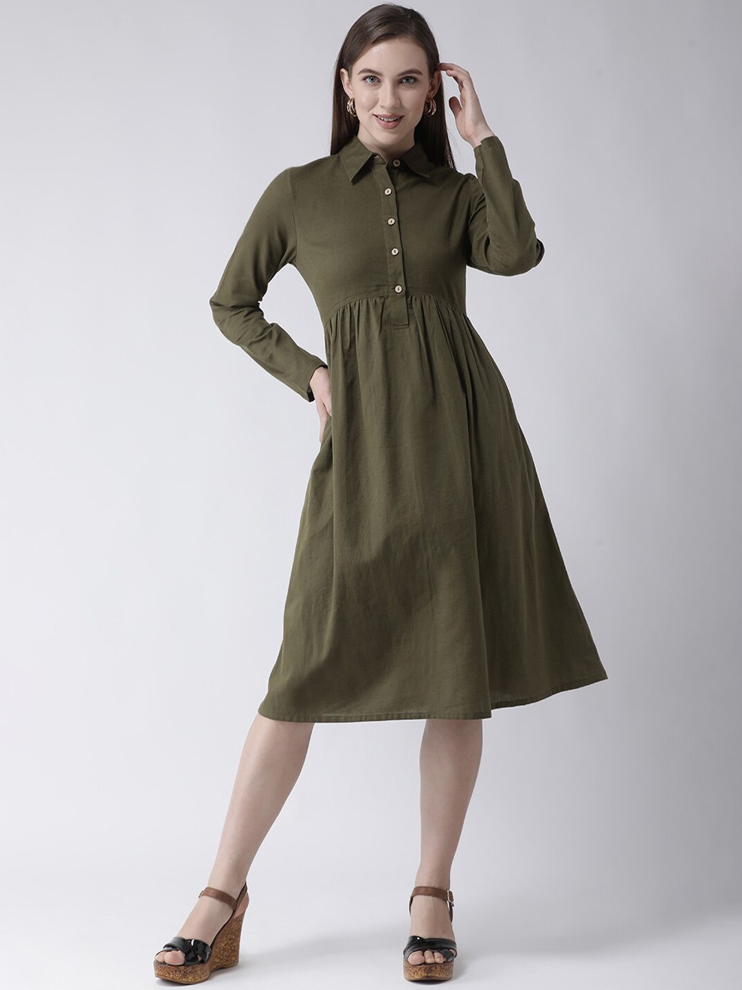 

KASSUALLY Women Olive Green Solid A-Line Dress