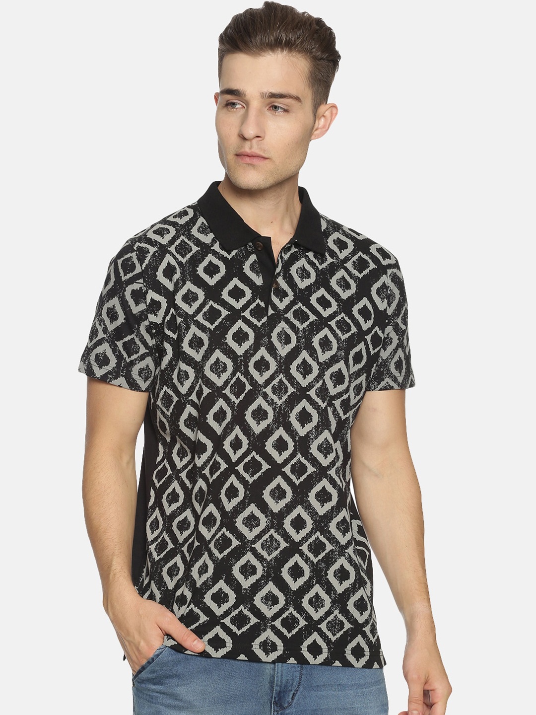 

Kryptic Men Black Printed Polo Collar T-shirt