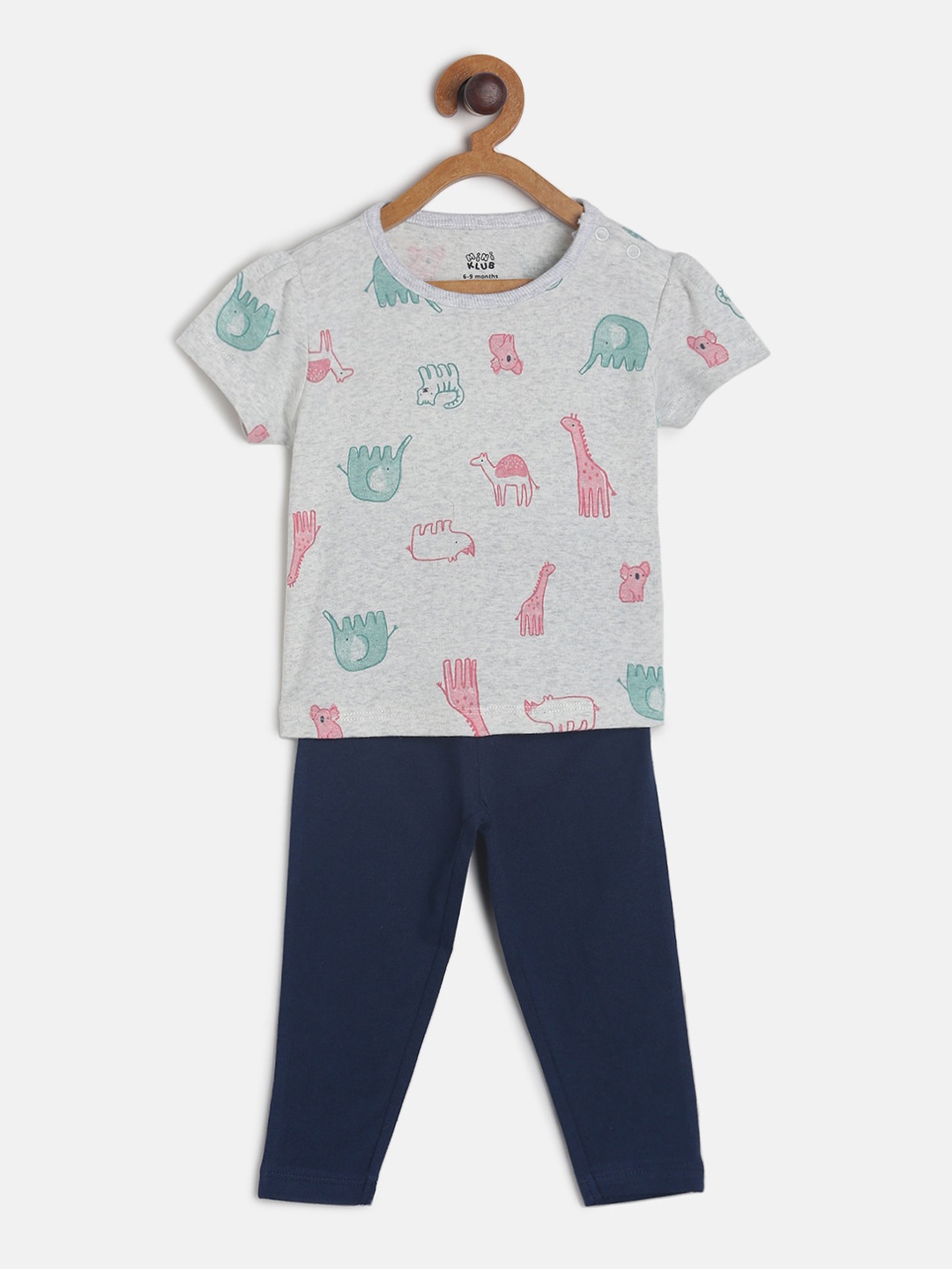 MINI KLUB Girls Grey & Navy Blue Printed T-shirt with Pyjamas