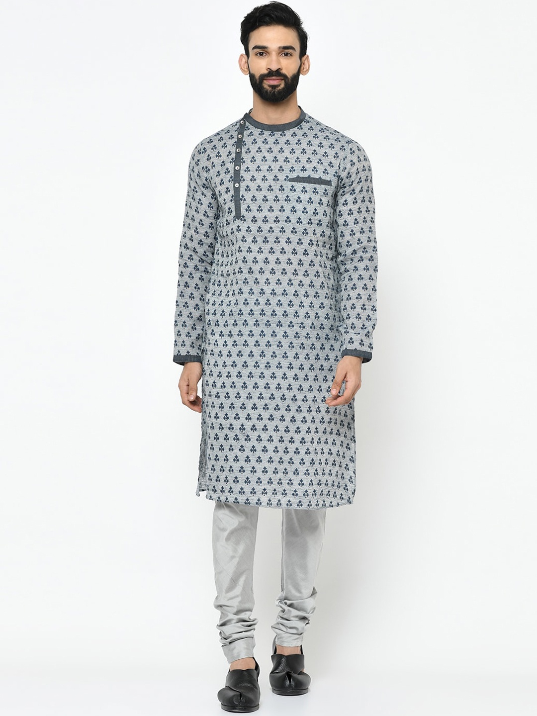 

KISAH Men Grey & Blue Woven Design A-Line Kurta