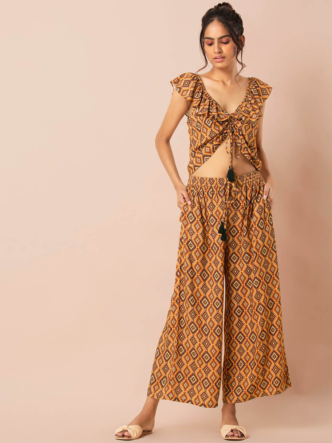

INDYA Women Orange Ikat Frill Crop Top & Pants Set