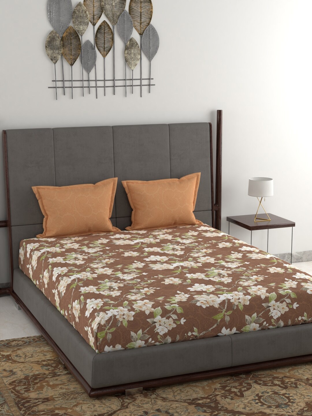 

Trident Brown Floral 144 TC Cotton 1 Queen Bedsheet with 2 Pillow Covers