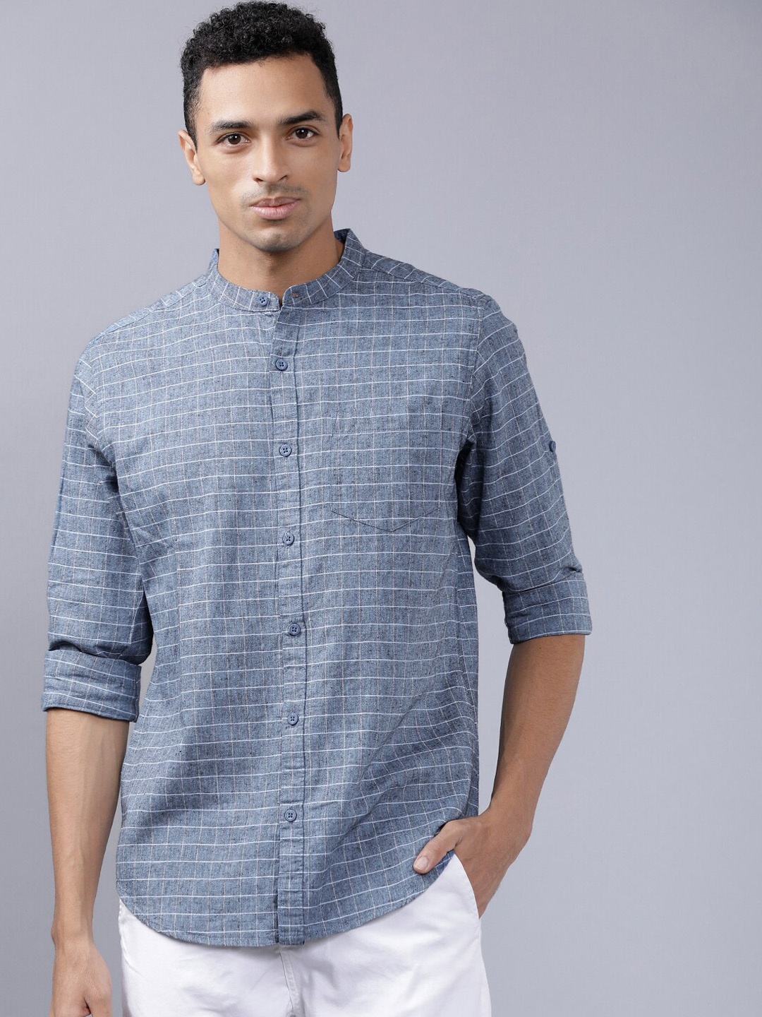 

HIGHLANDER Men Blue & White Slim Fit Checked Cotton Linen Casual Shirt
