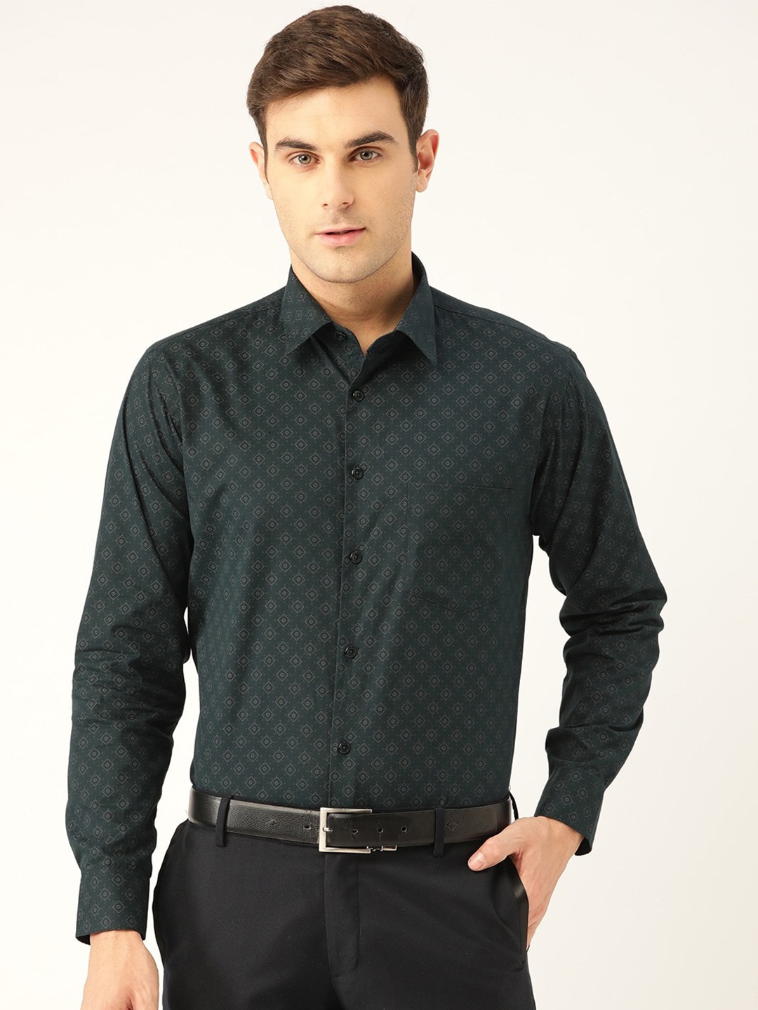 

Hancock Men Green Slim Fit Printed Formal Shirt