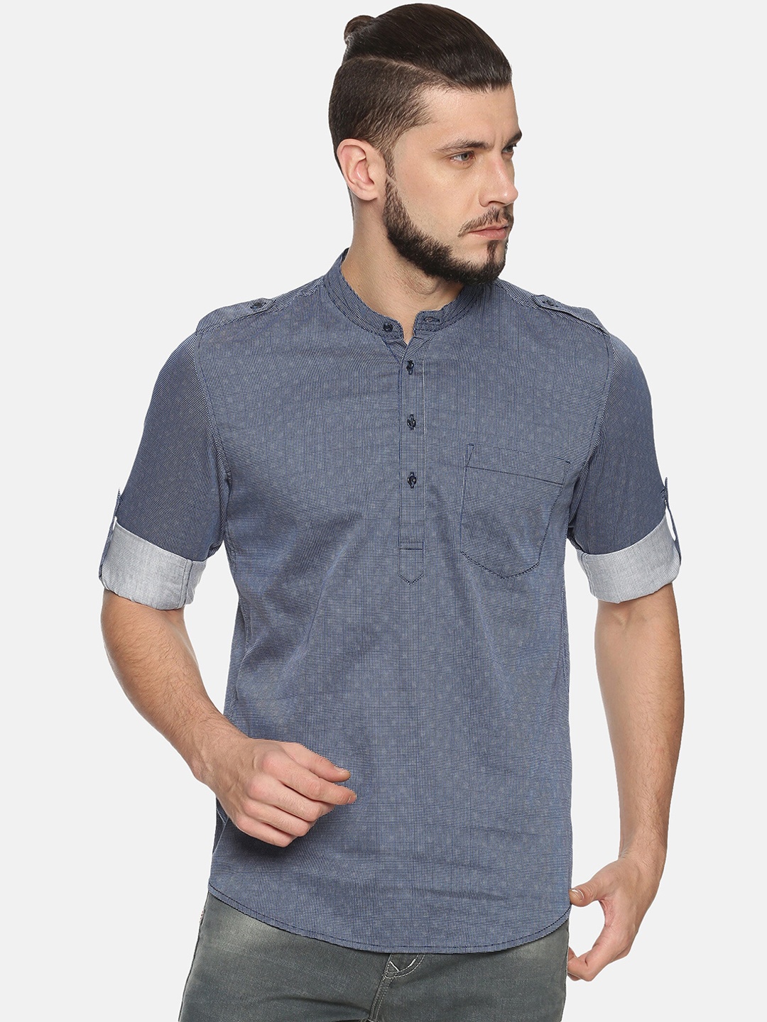 

IVOC Men Navy Blue Checked Straight Kurta