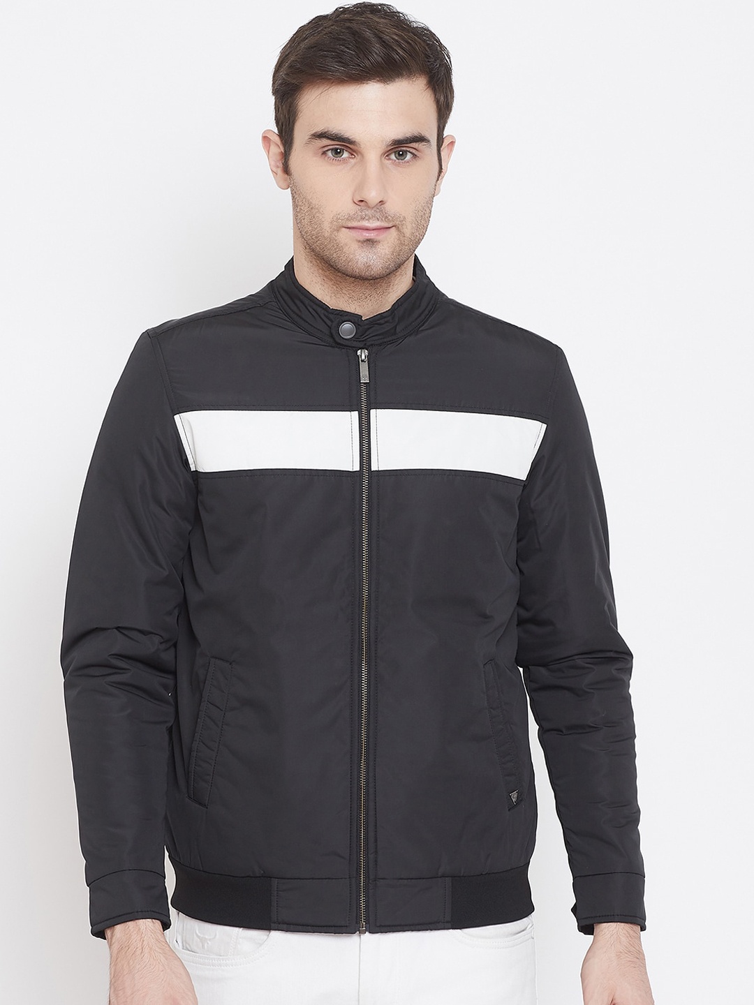 

Crimsoune Club Men Navy Blue Printed Biker Jacket