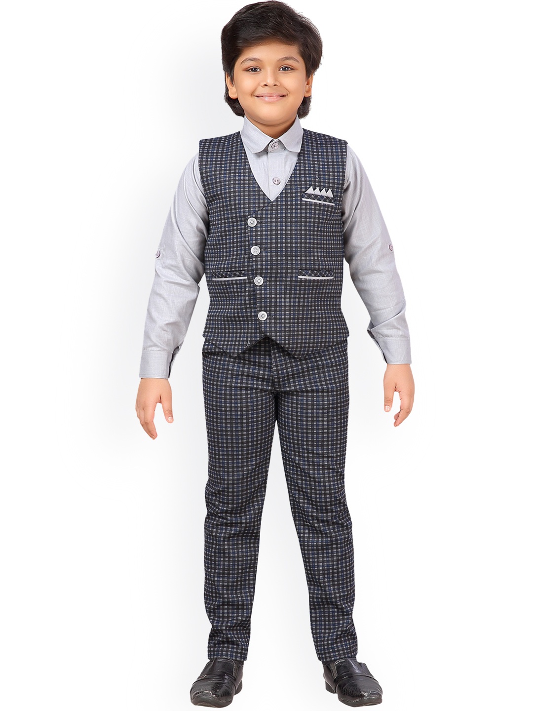 

Aj DEZInES Boys Blue & Grey Solid Shirt with Trousers