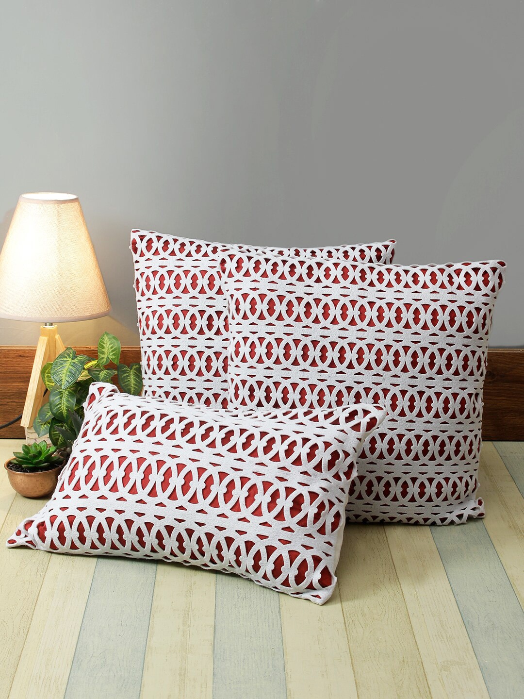 ROMEE Red & White Set of 3 Geometric Square Cushion Covers