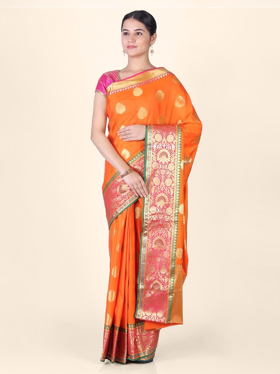 

Hastakala Orange & Gold-Toned Silk Blend Woven Design Banarasi Saree