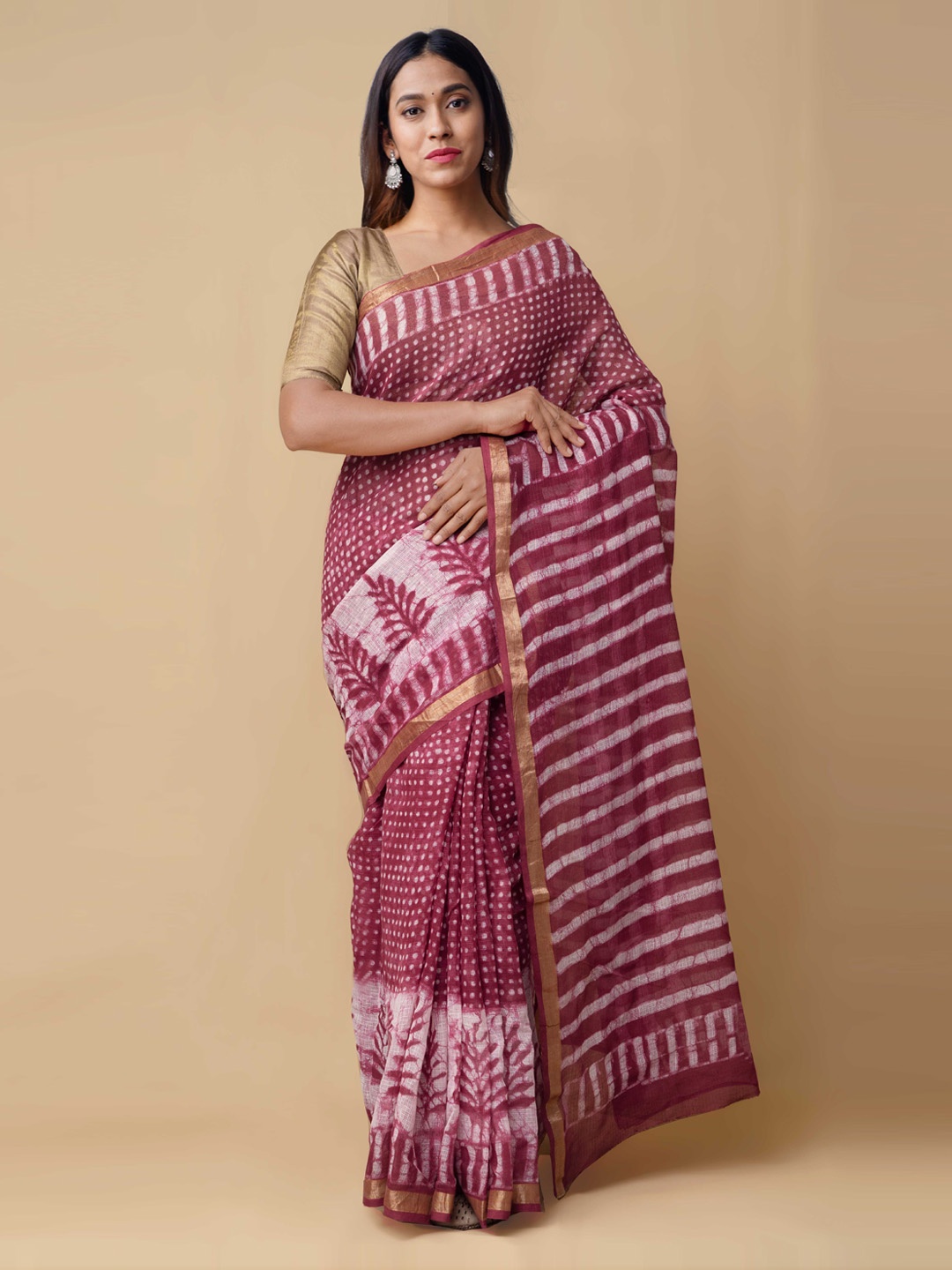 

Unnati Silks Maroon Silk Cotton Handloom Woven Design Chanderi Saree