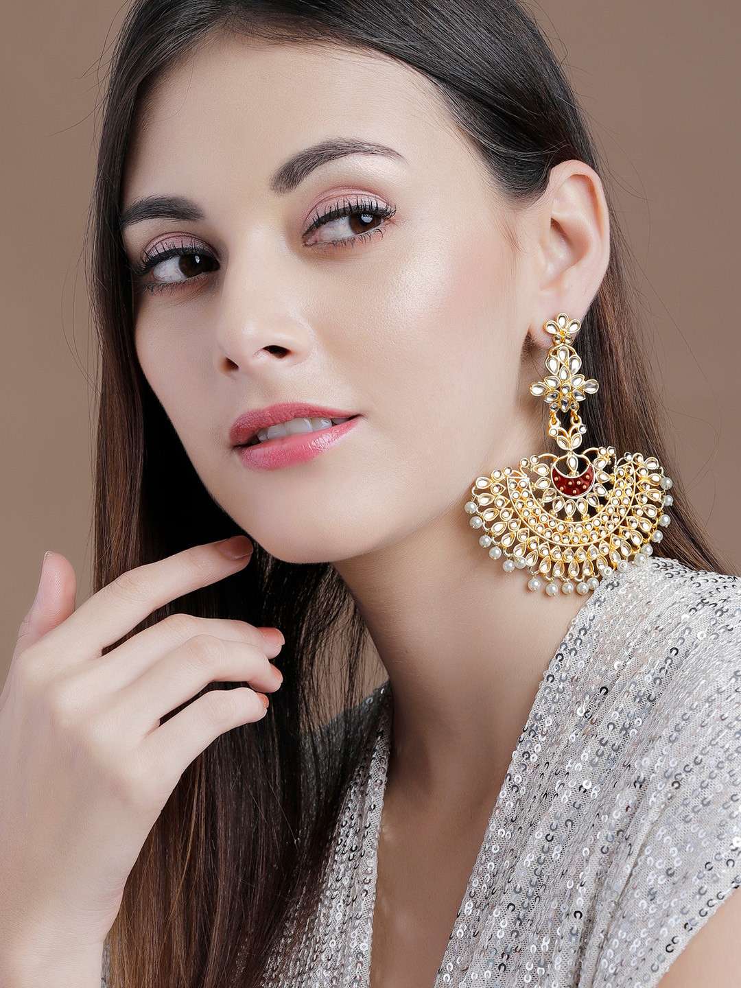 

Rubans Gold-Plated & White Handcrafted Enamel with Kundan Crescent Shaped Chandbalis