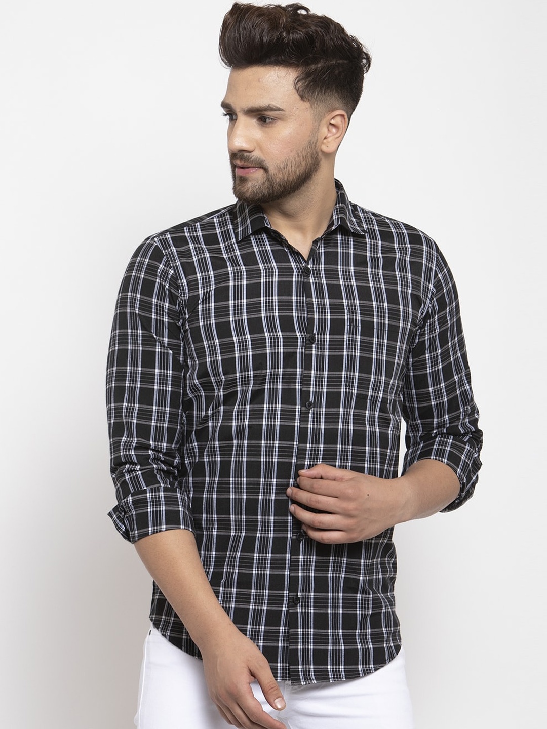 

JAINISH Men Black & White Regular Fit Checked Casual Shirt