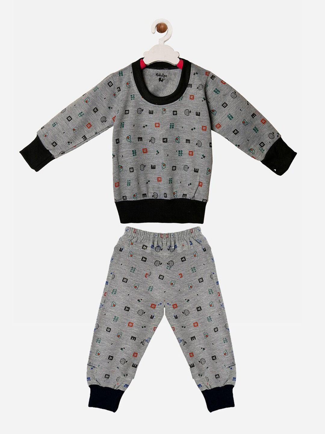 

TINY HUG Boys Grey Melange Printed T-shirt with Pyjamas