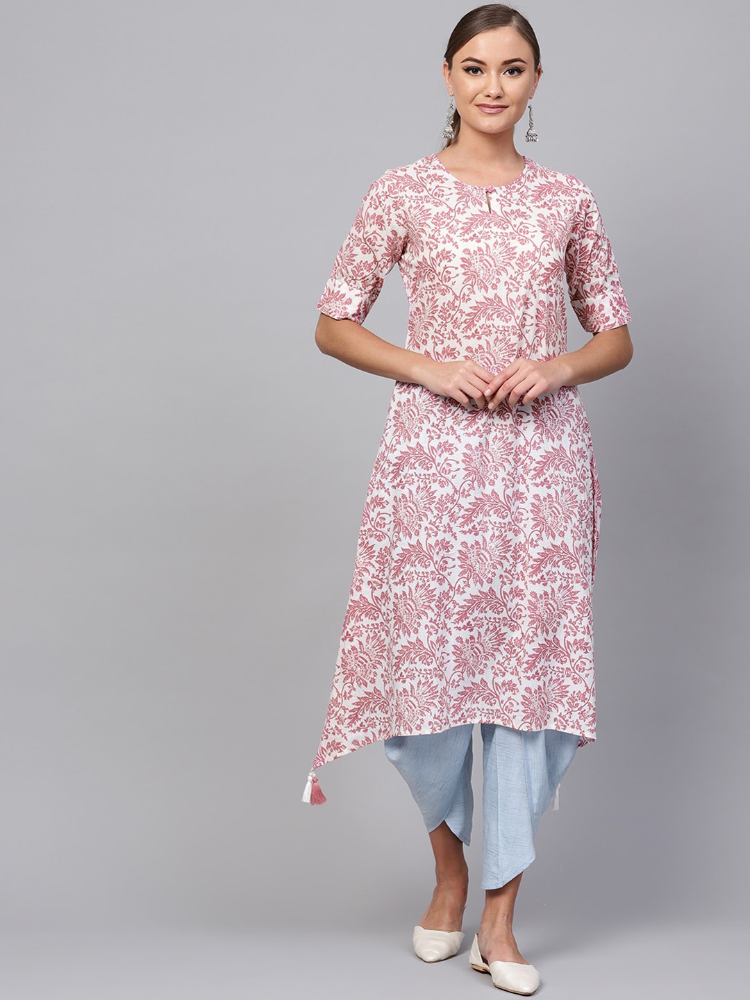

Indo Era Women Pink & White Printed A-Line Kurta