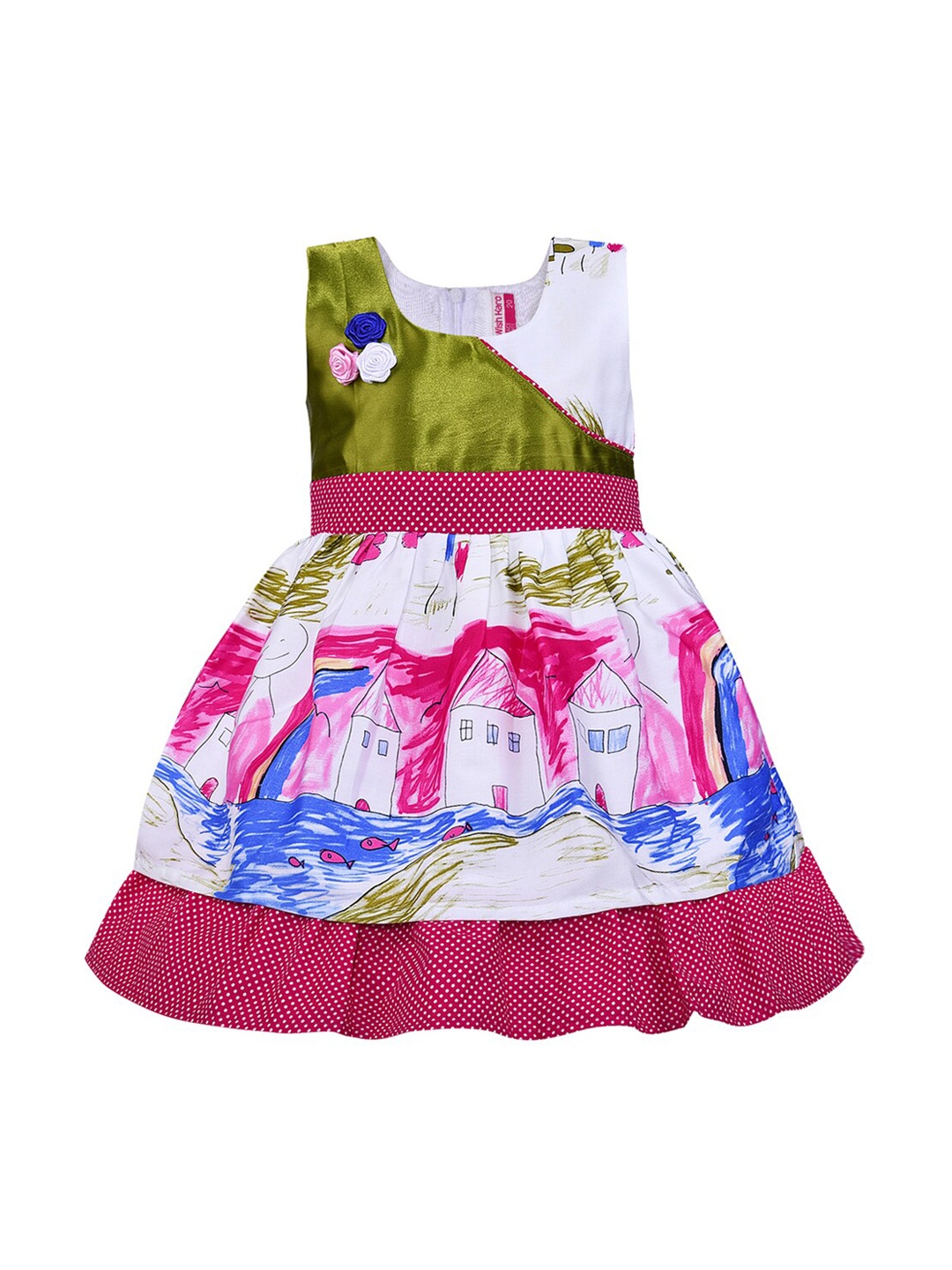 

Wish Karo Girls White & Green Printed Fit and Flare Dress