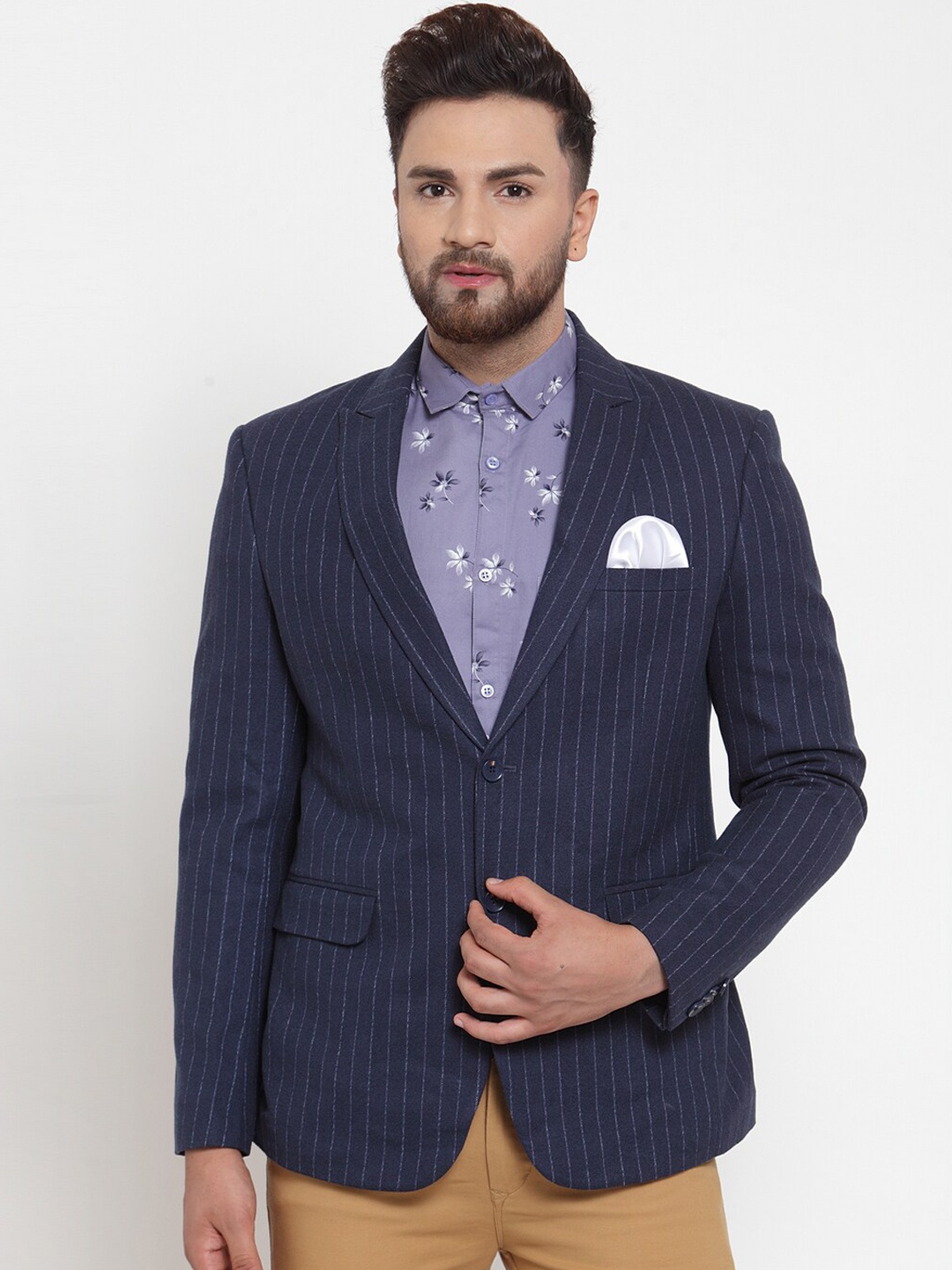 

MAXENCE Men Navy Blue Striped Slim-Fit Single-Breasted Formal Blazer