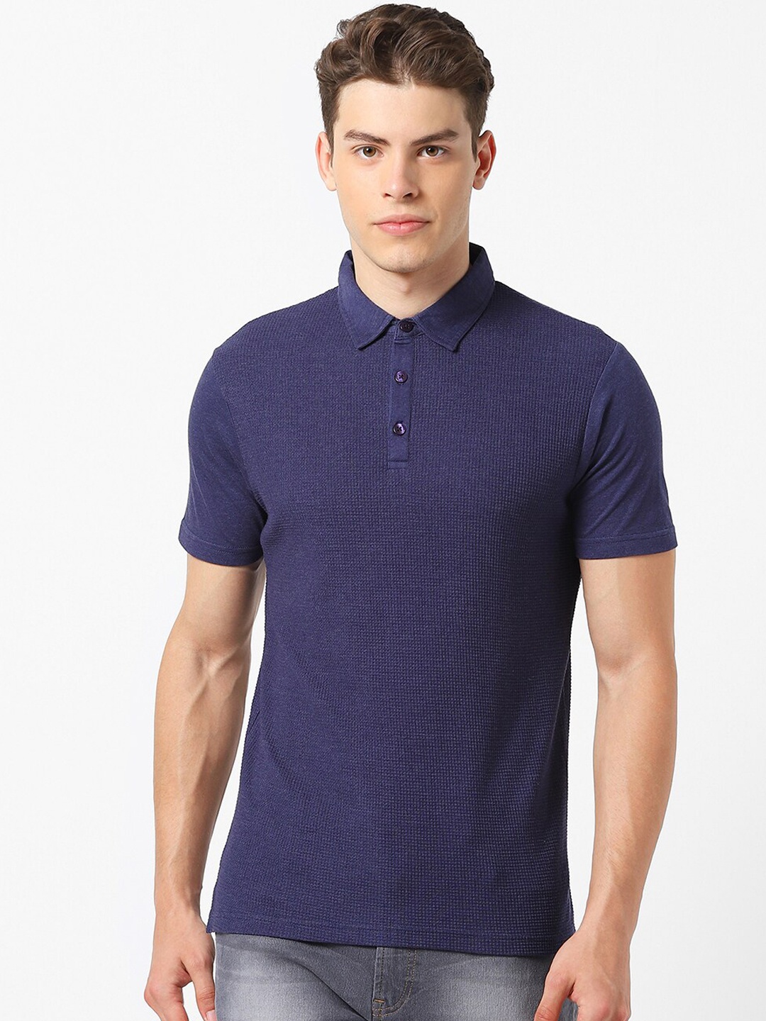 

MARCA Disati Men Navy Blue Self Design Compact Cotton Polo Collar Pure Cotton T-shirt