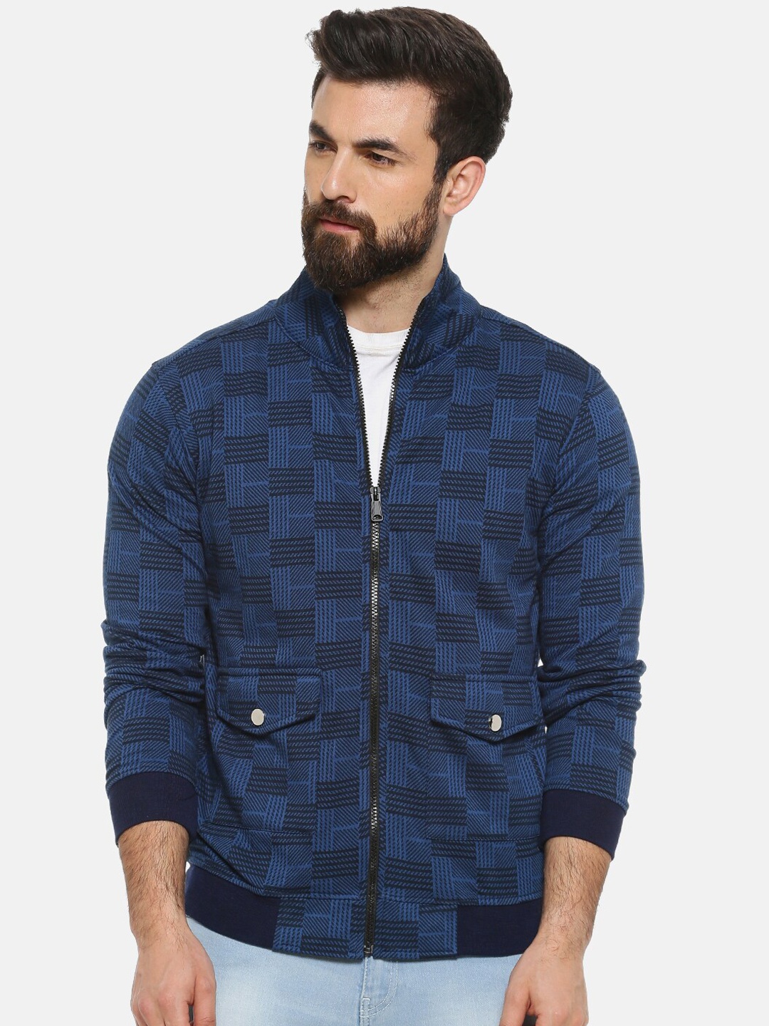

Campus Sutra Men Blue Checked Windcheater Tailored Jacket