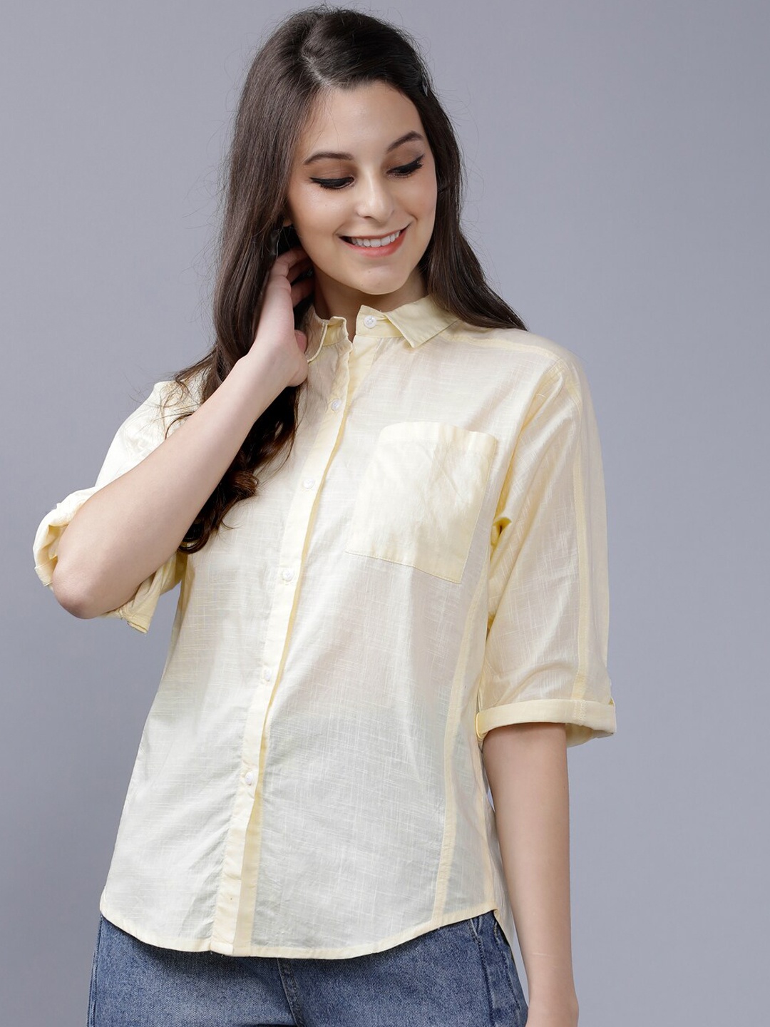 

Tokyo Talkies Women Yellow Regular Fit Solid Casual Shirt