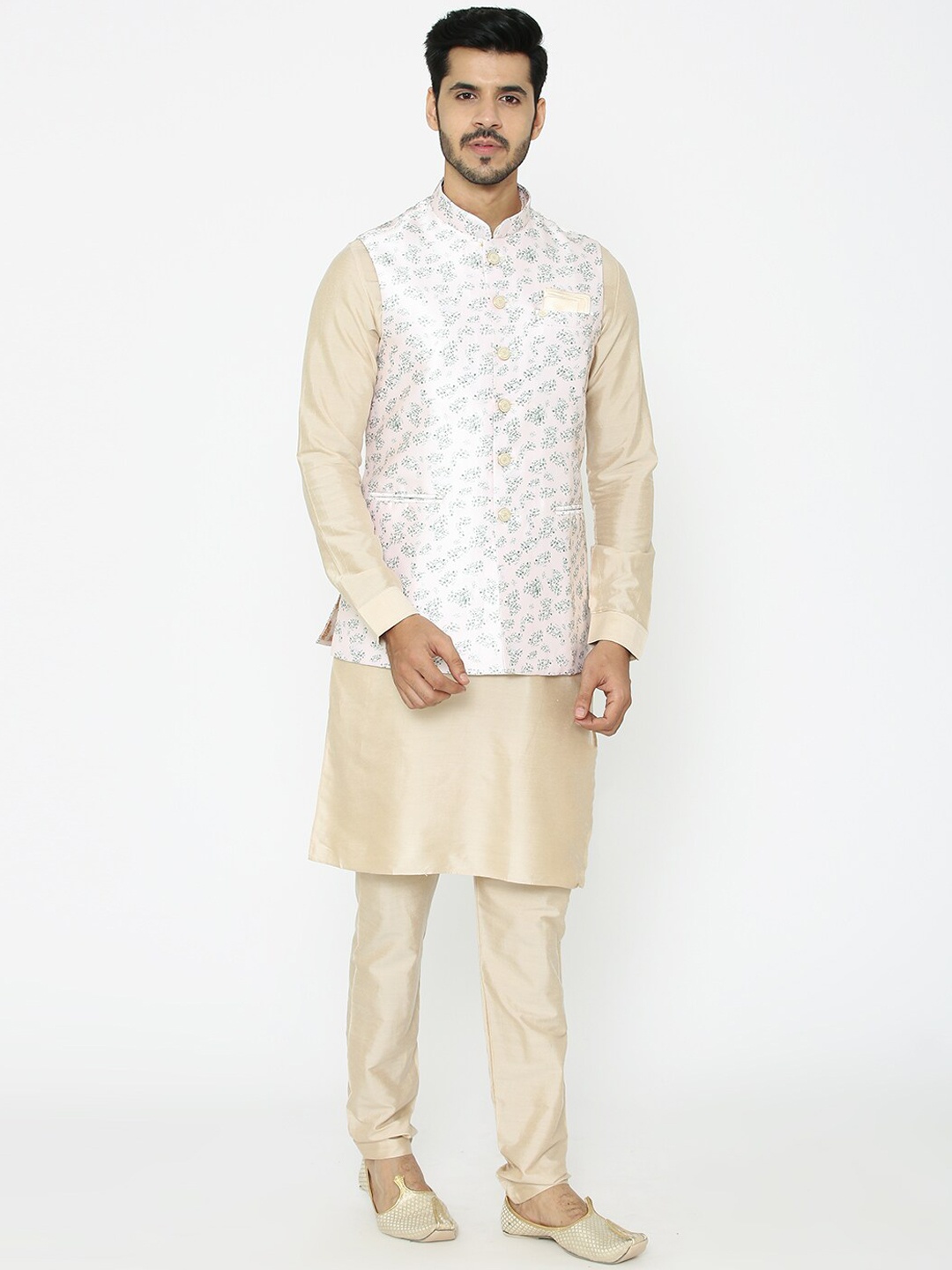 

Manyavar Men Cream-Coloured & Green Floral Printed Nehru Jacket