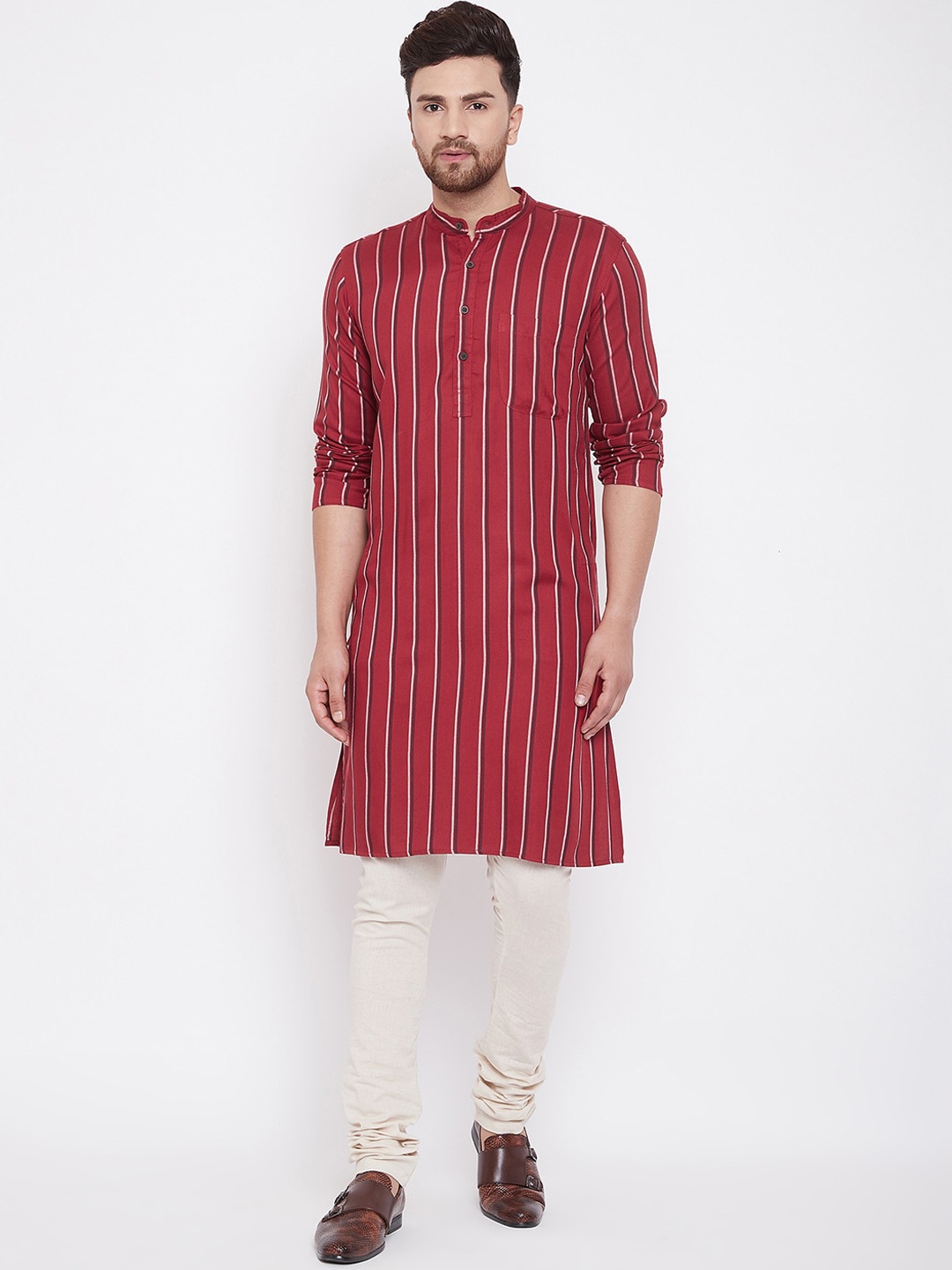 

even Men Maroon & White Striped Straight Kurta