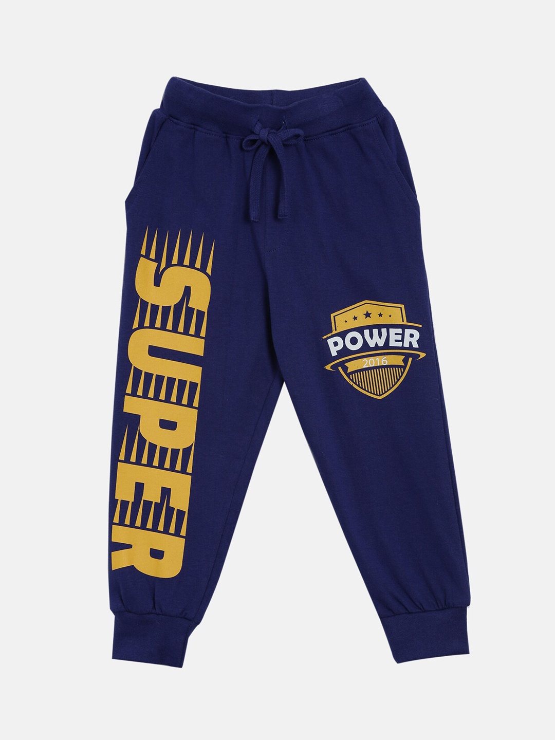 

KiddoPanti Boys Navy Blue & Yellow Super Power Printed Sporty Joggers